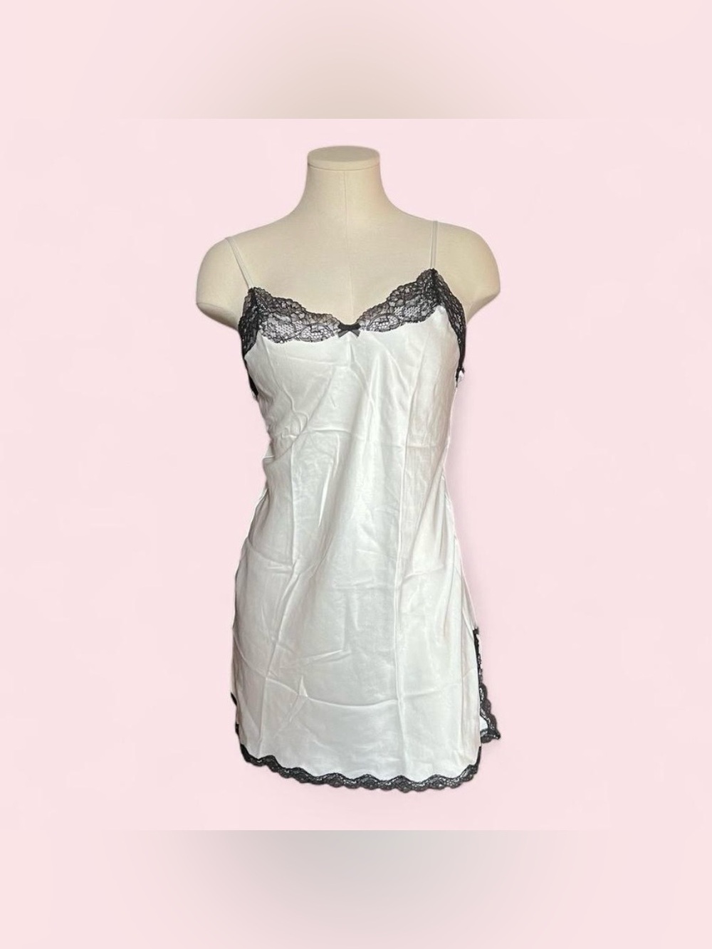Victoria's Secret White Satin Slip with Black Lace Trim